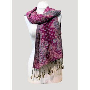 Vintage Paisley Scarf Wrap Shawl 71" X 28" Purple Gold 3" Fringe Boho Chic